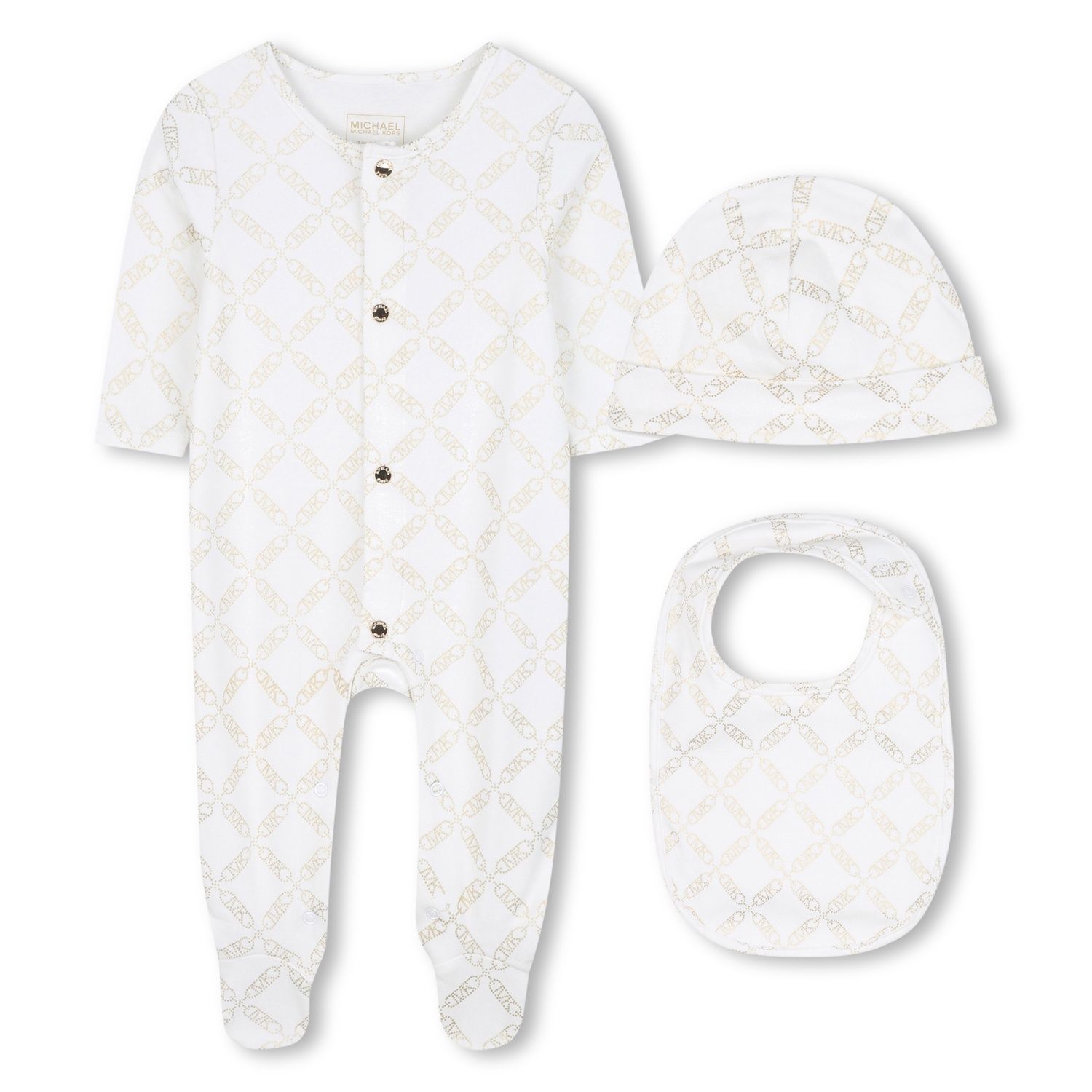 3PC OFFWHITE SLEEPER HAT & BIB GOLD MK CHAIN LOGO / R30503-117