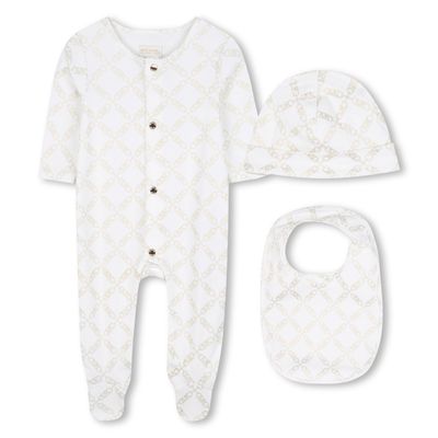 3PC OFFWHITE SLEEPER HAT & BIB GOLD MK CHAIN LOGO / R30503-117