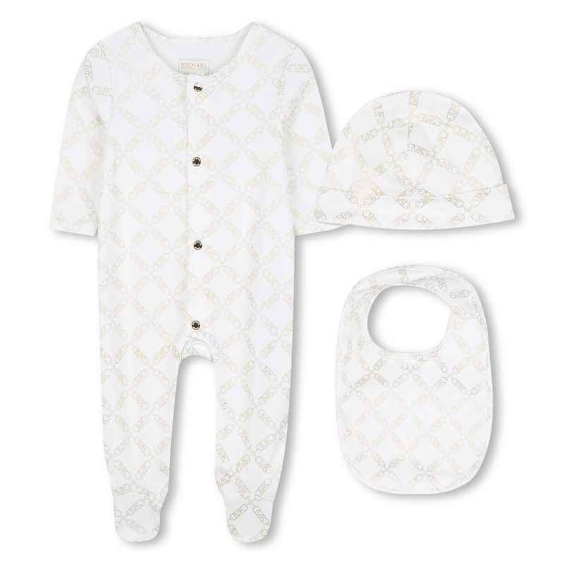 3PC OFFWHITE SLEEPER HAT & BIB GOLD MK CHAIN LOGO / R30503-117