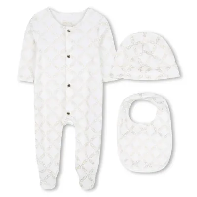 3PC OFFWHITE SLEEPER HAT & BIB GOLD MK CHAIN LOGO / R30503-117