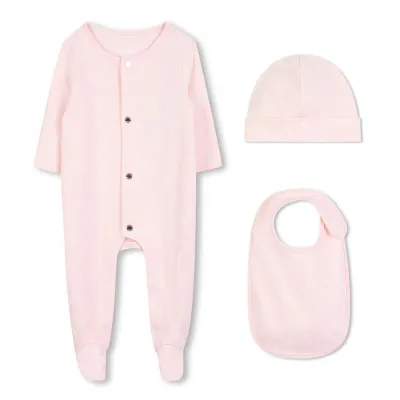 3PC PALE PINK SLEEPER & HAT & BIB WHT MK ALOVER PRINT / R30503-46M