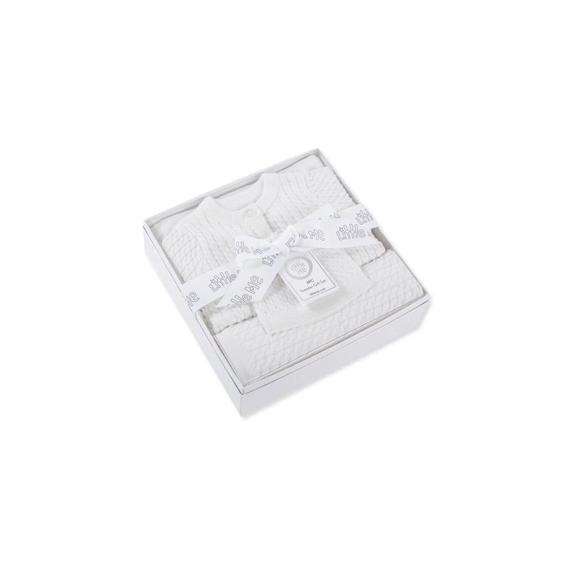 WHITE 3PC SWEATER-HAT-BLANKET SET CABLESTITCH / LL016902M-L110