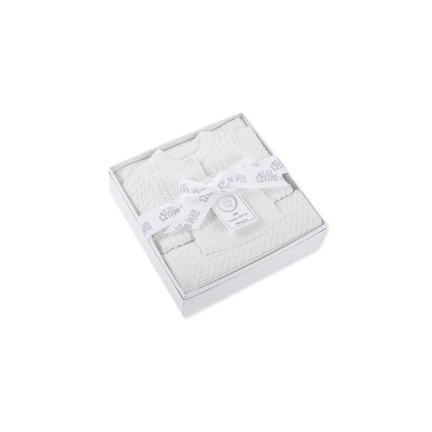 WHITE 3PC SWEATER-HAT-BLANKET SET CABLESTITCH / LL016902M-L110