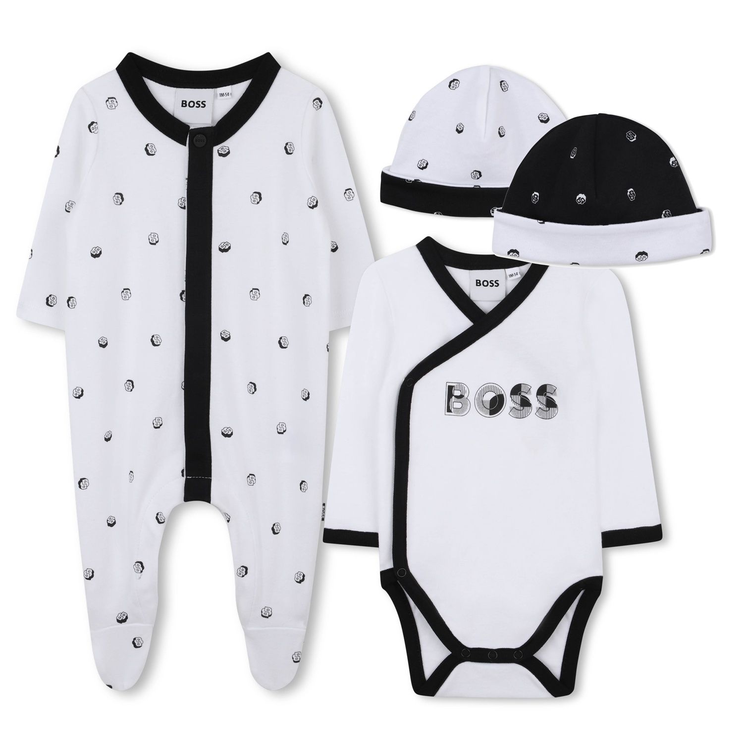 3PC WHITE SLEEPER-HAT-UNDERSHIRT BLCK TRIM BOSS LOGO / J52492-109