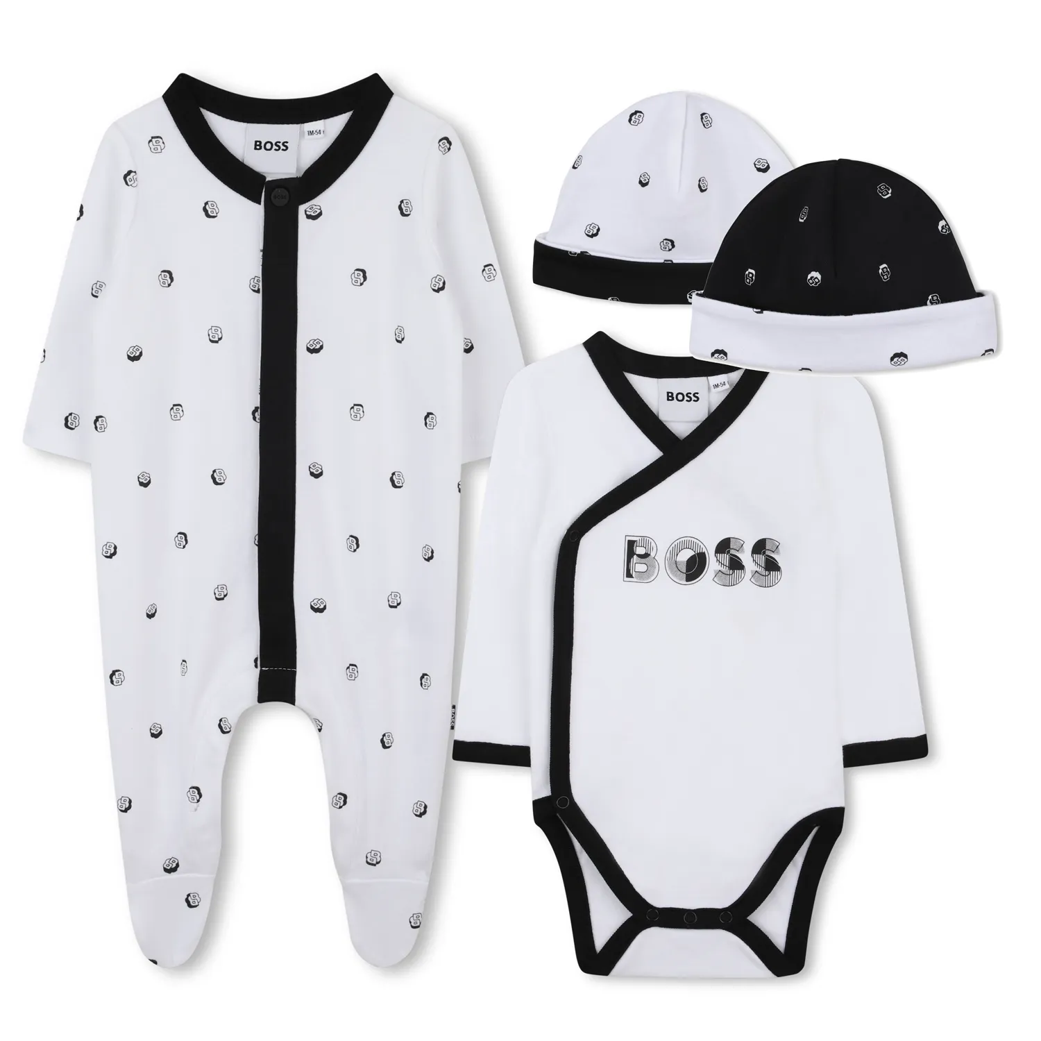 3PC WHITE SLEEPER-HAT-UNDERSHIRT BLCK TRIM BOSS LOGO / J52492-109