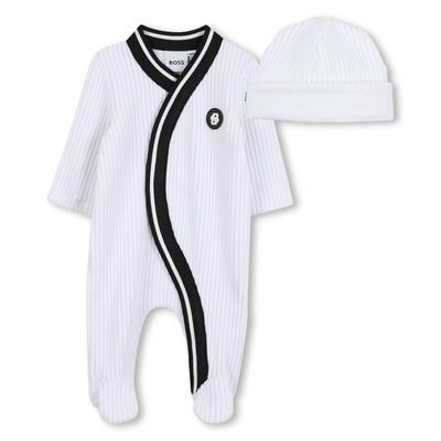 2PC WHITE VELOUR SLEEPER & HAT BLACK TRIM / J52531-10P