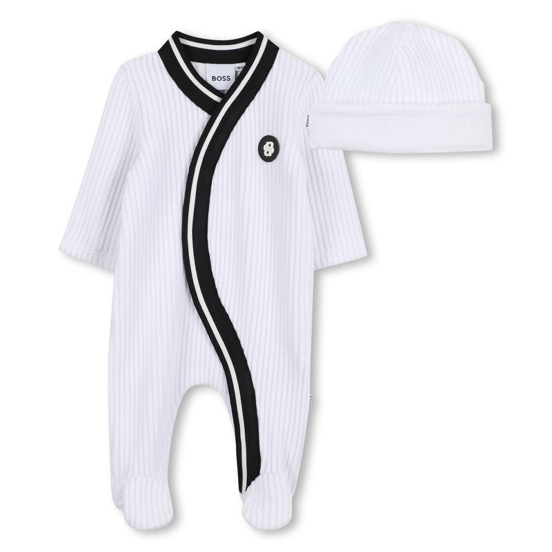 2PC WHITE VELOUR SLEEPER & HAT BLACK TRIM / J52531-10P