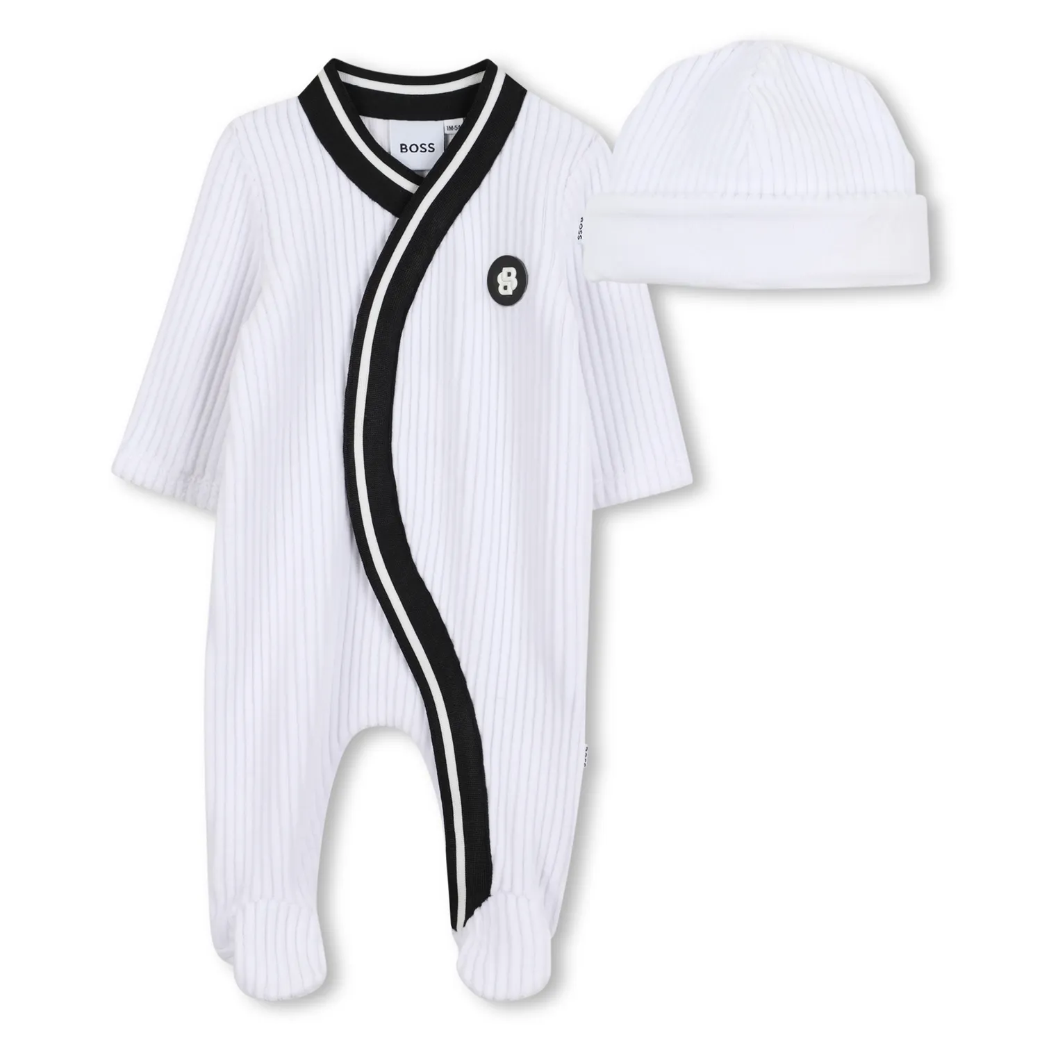 2PC WHITE VELOUR SLEEPER & HAT BLACK TRIM / J52531-10P