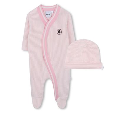 2PC PALE PINK SLEEPER & HAT RIBBED FRONT CLOSURE / J52508-44L