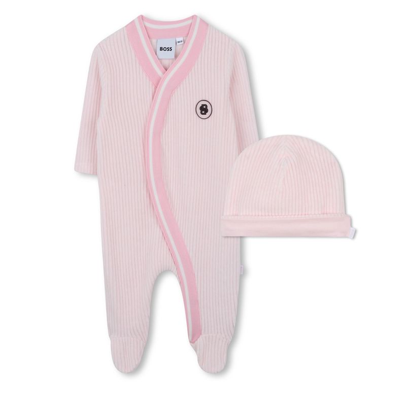 2PC PALE PINK SLEEPER & HAT RIBBED FRONT CLOSURE / J52508-44L