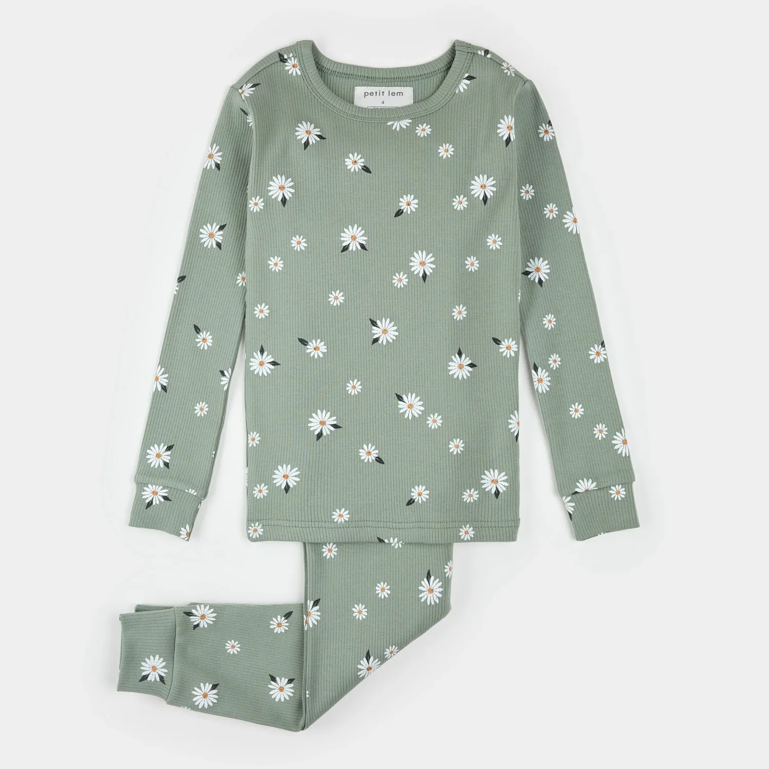 2PC GREEN PYJAMA WHITE DAISY PRINT RIBBED / 25FRS34Q02K