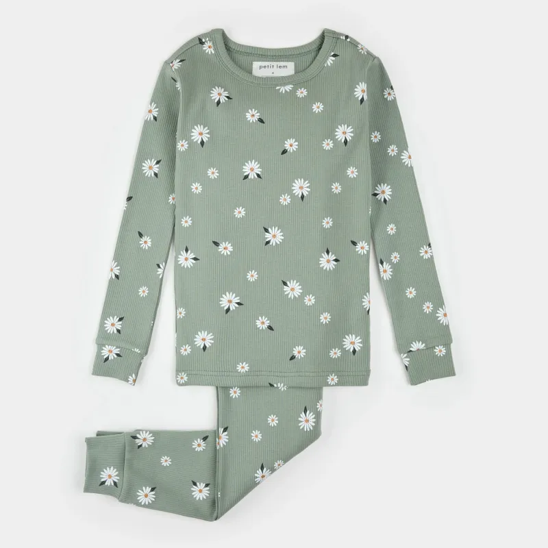 2PC GREEN PYJAMA WHITE DAISY PRINT RIBBED / 25FRS34Q02K