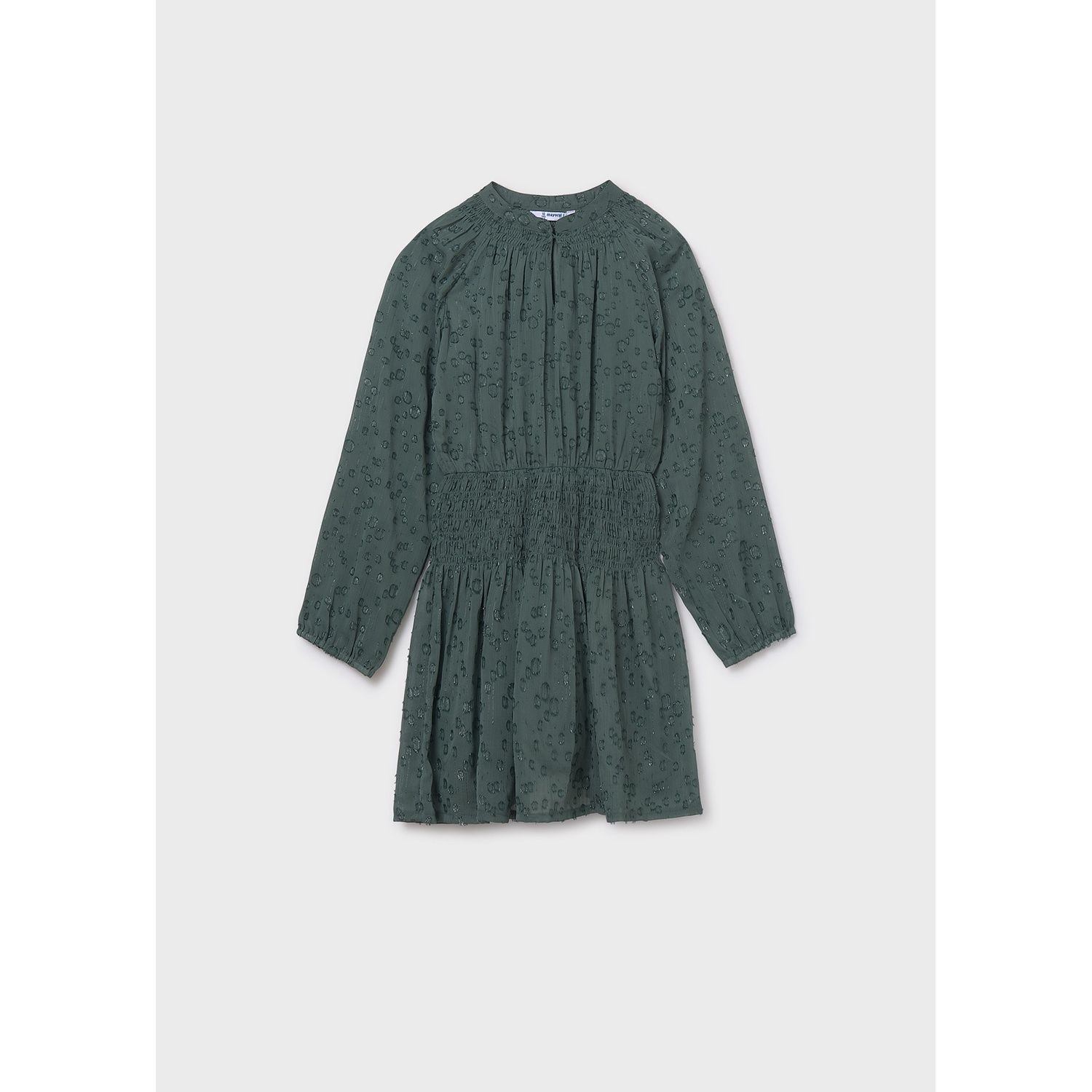 GREEN CHIFFON DRESS SPARKLY SMOCKED TRIM LONG SLEEVE / 7909-55