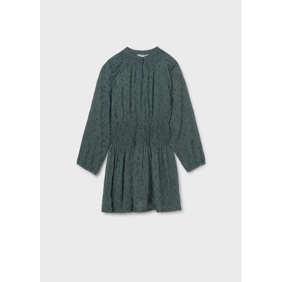GREEN CHIFFON DRESS SPARKLY SMOCKED TRIM LONG SLEEVE / 7909-55