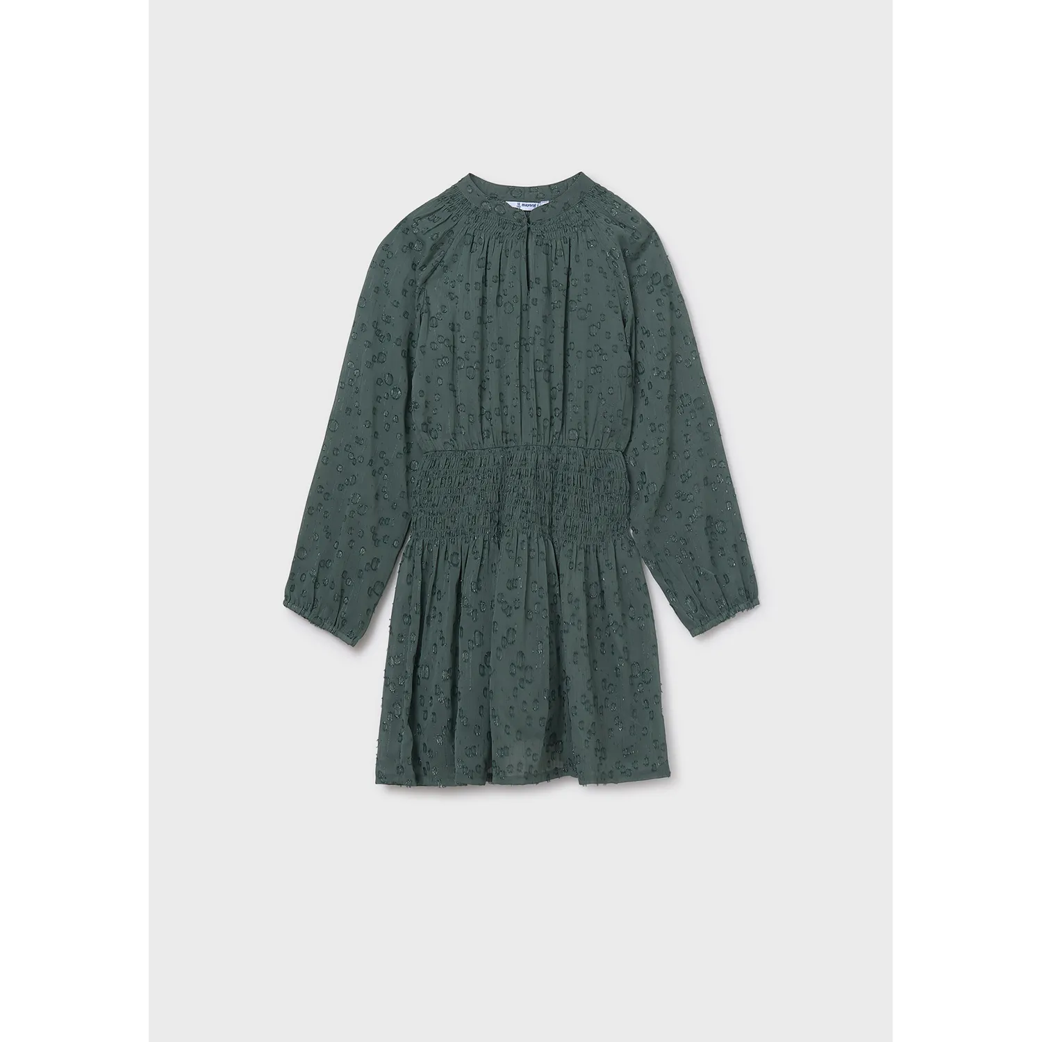 GREEN CHIFFON DRESS SPARKLY SMOCKED TRIM LONG SLEEVE / 7909-55 GREEN CHIFFON DRESS SPARKLY SMOCKED TRIM LONG SLEEVE / 7909-55