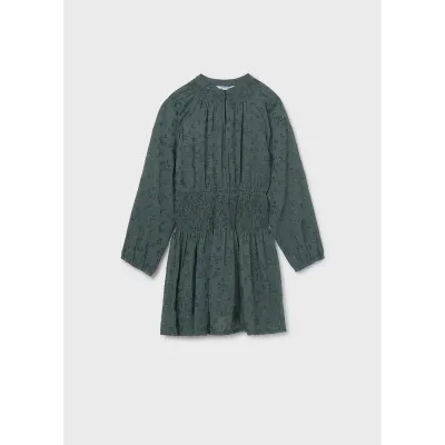GREEN CHIFFON DRESS SPARKLY SMOCKED TRIM LONG SLEEVE / 7909-55