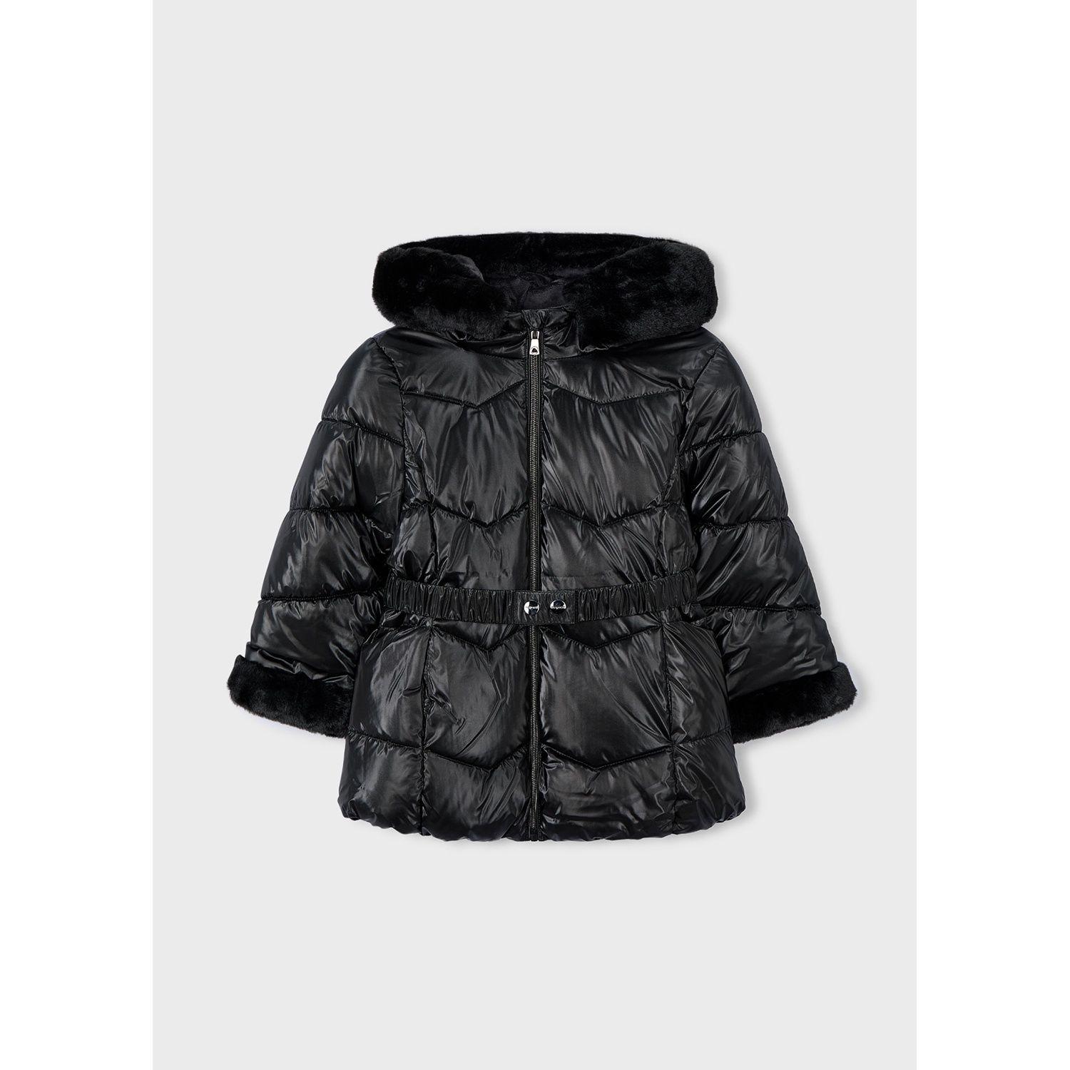BLACK COAT & BELT REMOVABLE FUR TRIM HOODED QUILTED / 4448-061
