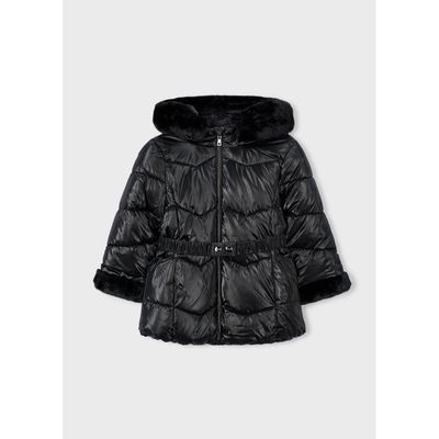 BLACK COAT & BELT REMOVABLE FUR TRIM HOODED QUILTED / 4448-061