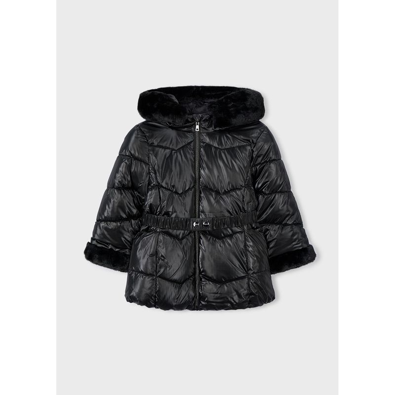 BLACK COAT & BELT REMOVABLE FUR TRIM HOODED QUILTED / 4448-061