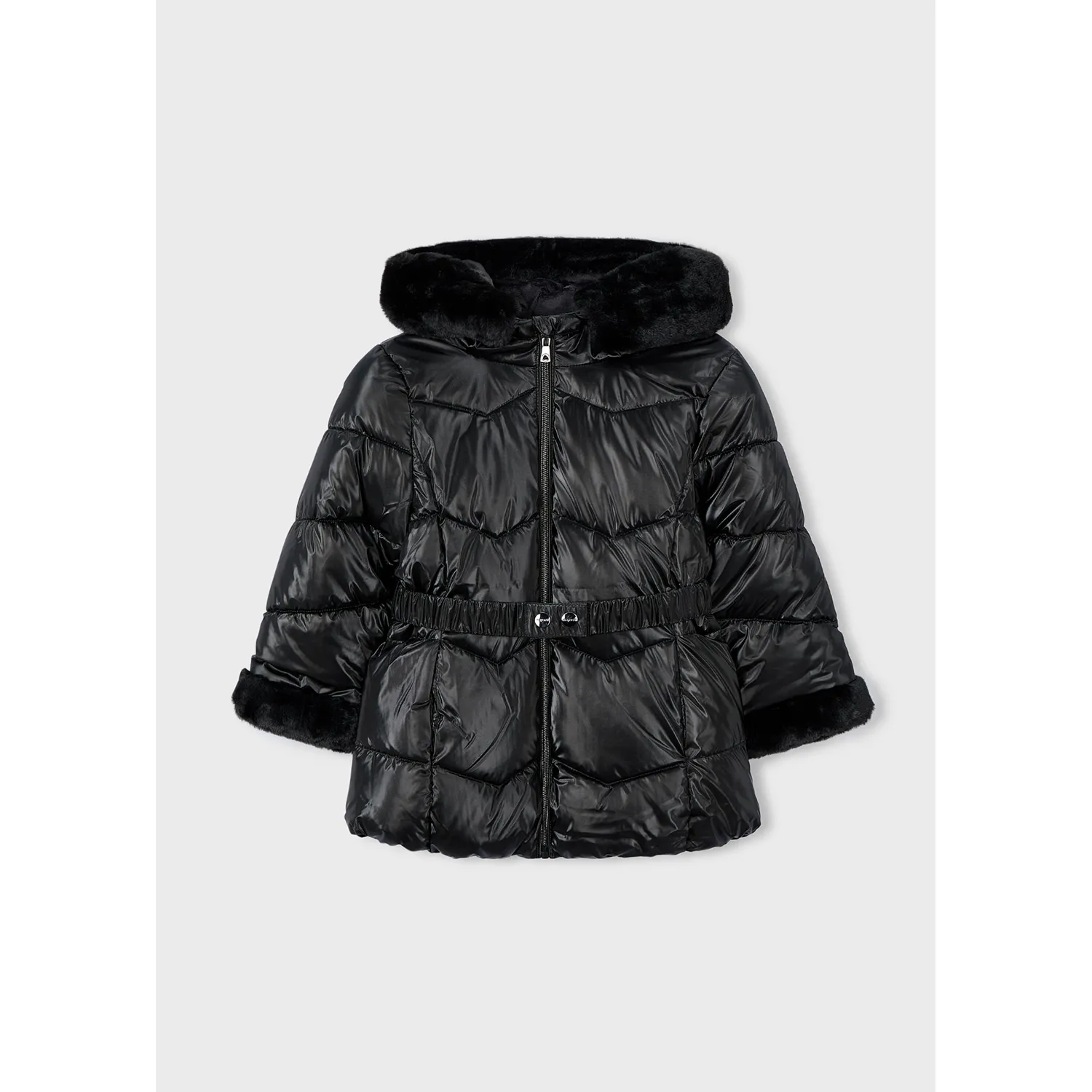BLACK COAT & BELT REMOVABLE FUR TRIM HOODED QUILTED / 4448-061