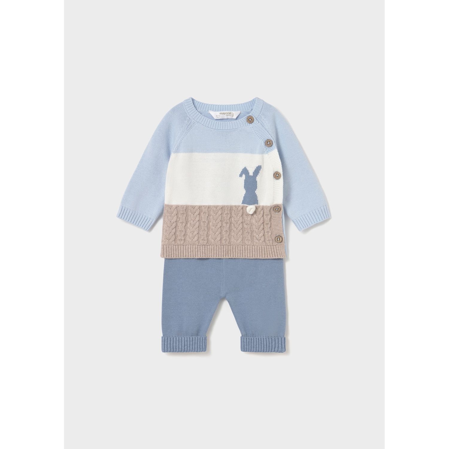 2PC BEIGE CREAM & BLUE KNIT TROUSER SET BUNNY SIDE CLOSURE / 2569-024