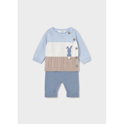2PC BEIGE CREAM & BLUE KNIT TROUSER SET BUNNY SIDE CLOSURE / 2569-024