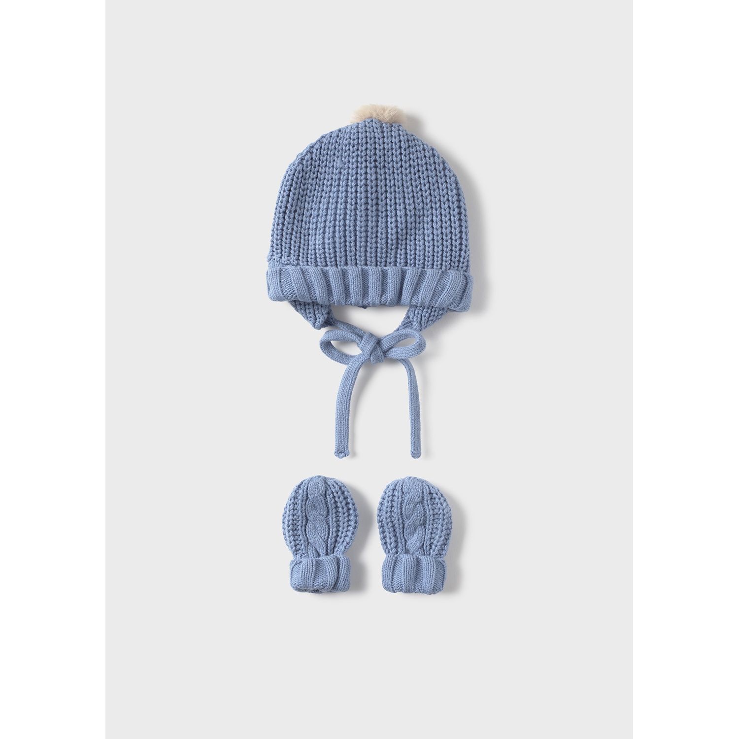 2PC BLUE HAT & MITTEN SET BEIGE POM POM / 9929-075
