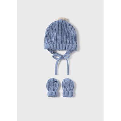 2PC BLUE HAT & MITTEN SET BEIGE POM POM / 9929-075