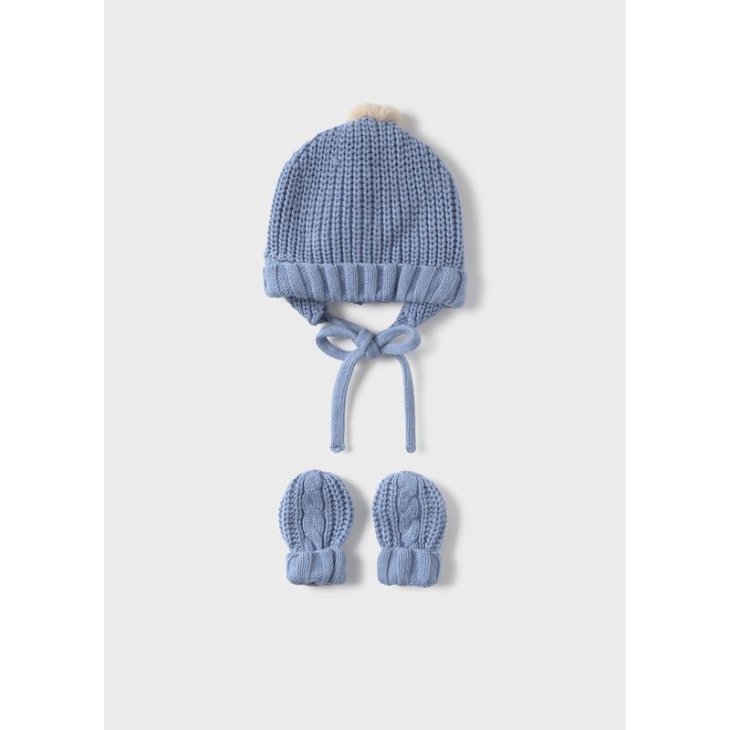 2PC BLUE HAT & MITTEN SET BEIGE POM POM / 9929-075