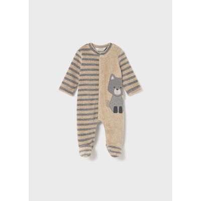 BEIGE VELOUR ONESIE STRIPED FOX APPLIQUE FRONT CLOSURE / 2719-053