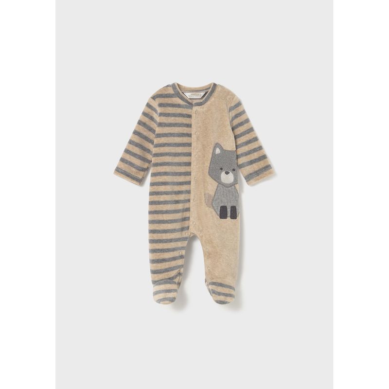 BEIGE VELOUR ONESIE STRIPED FOX APPLIQUE FRONT CLOSURE / 2719-053