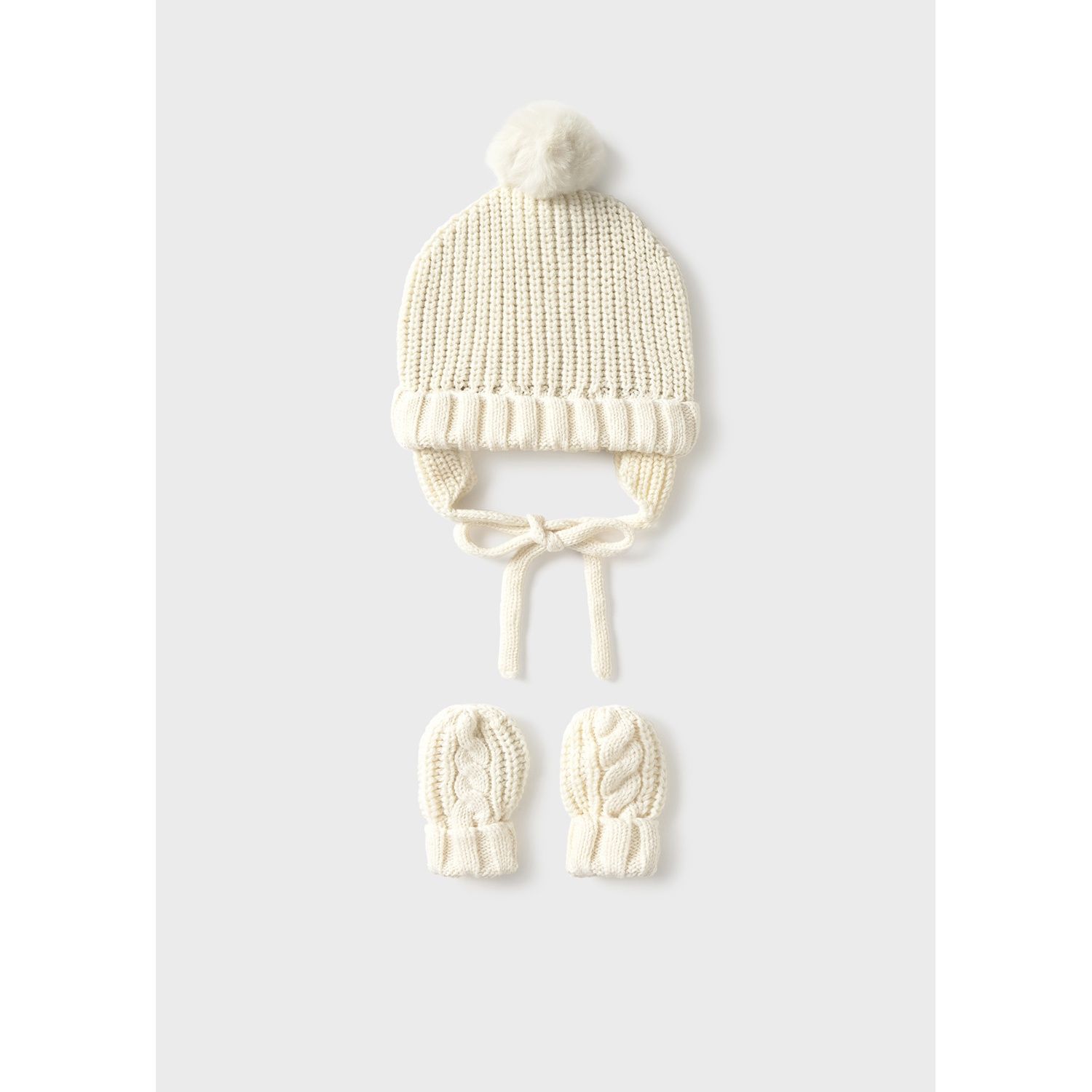 CREAM HAT & MITTEN SET POM POM / 9929-077