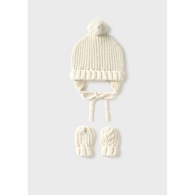 CREAM HAT & MITTEN SET POM POM / 9929-077