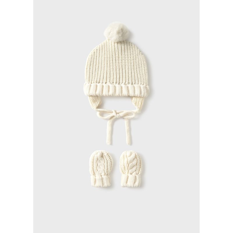CREAM HAT & MITTEN SET POM POM / 9929-077