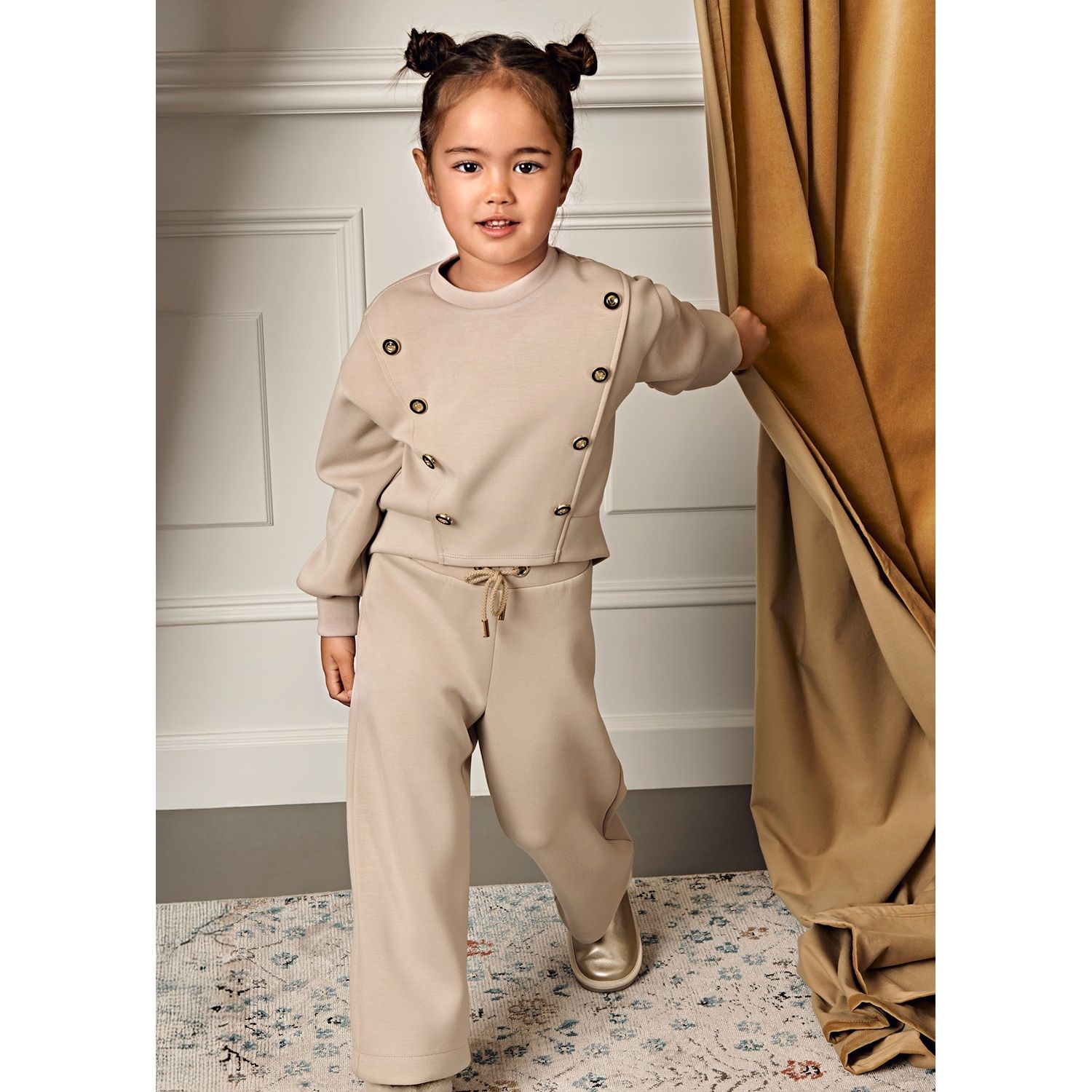 2PC BEIGE KNIT PANTS SET GOLD BUTTONS / 5730-067