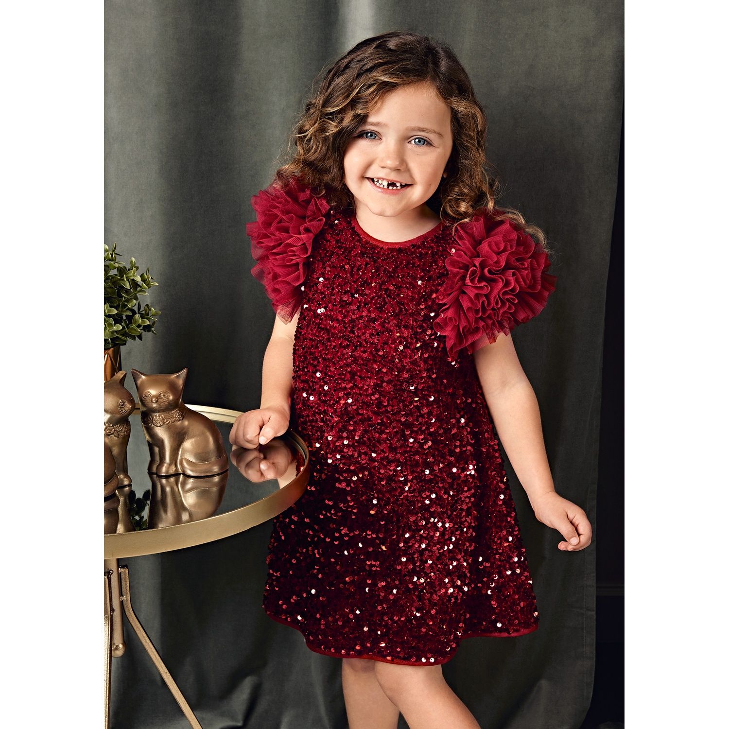 RED SEQUIN DRESS TULLE SHOULDERS / 5529-002