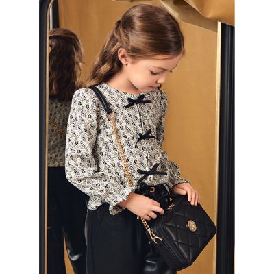 GREEN & IVORY T-SHIRT FLORAL PATTERN BLACK BOW / 5611-006