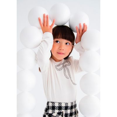 CREAM LONG SLEEVE T-SHIRT BOW BEADS / 5608-003