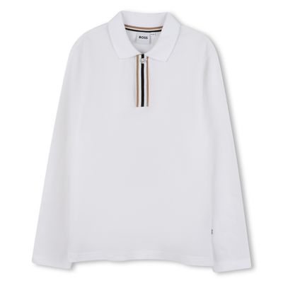 WHITE LONG SLEEVE POLO SHIRT BROWN STRIPE / J52333-10P