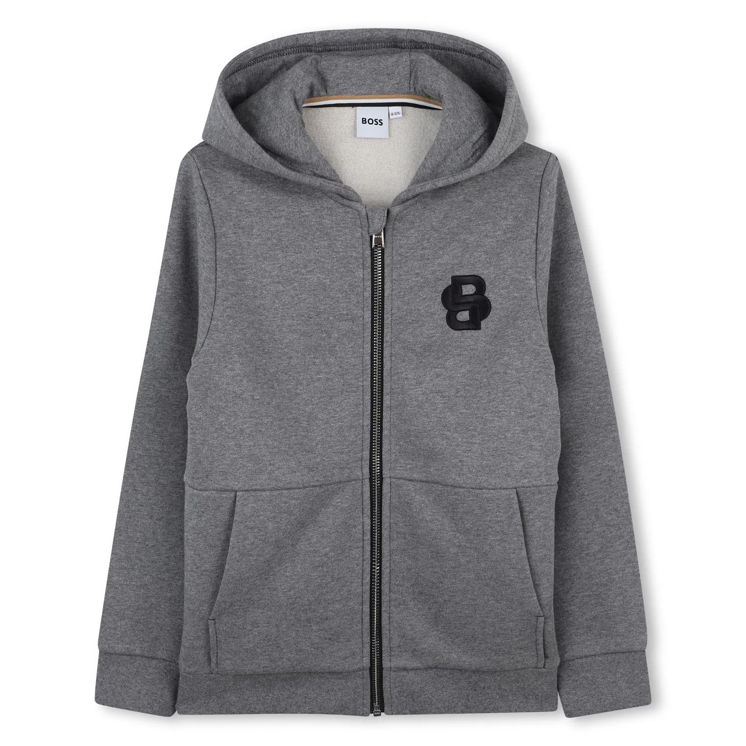 GREY ZIP HOODIE BLACK BOSS LOGO / J52320-A46