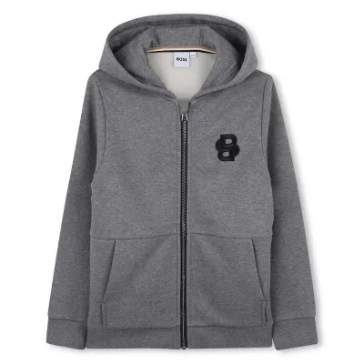 GREY ZIP HOODIE BLACK BOSS LOGO / J52320-A46