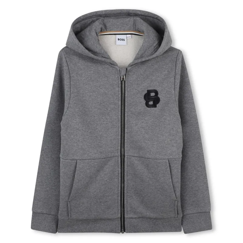 GREY ZIP HOODIE BLACK BOSS LOGO / J52320-A46