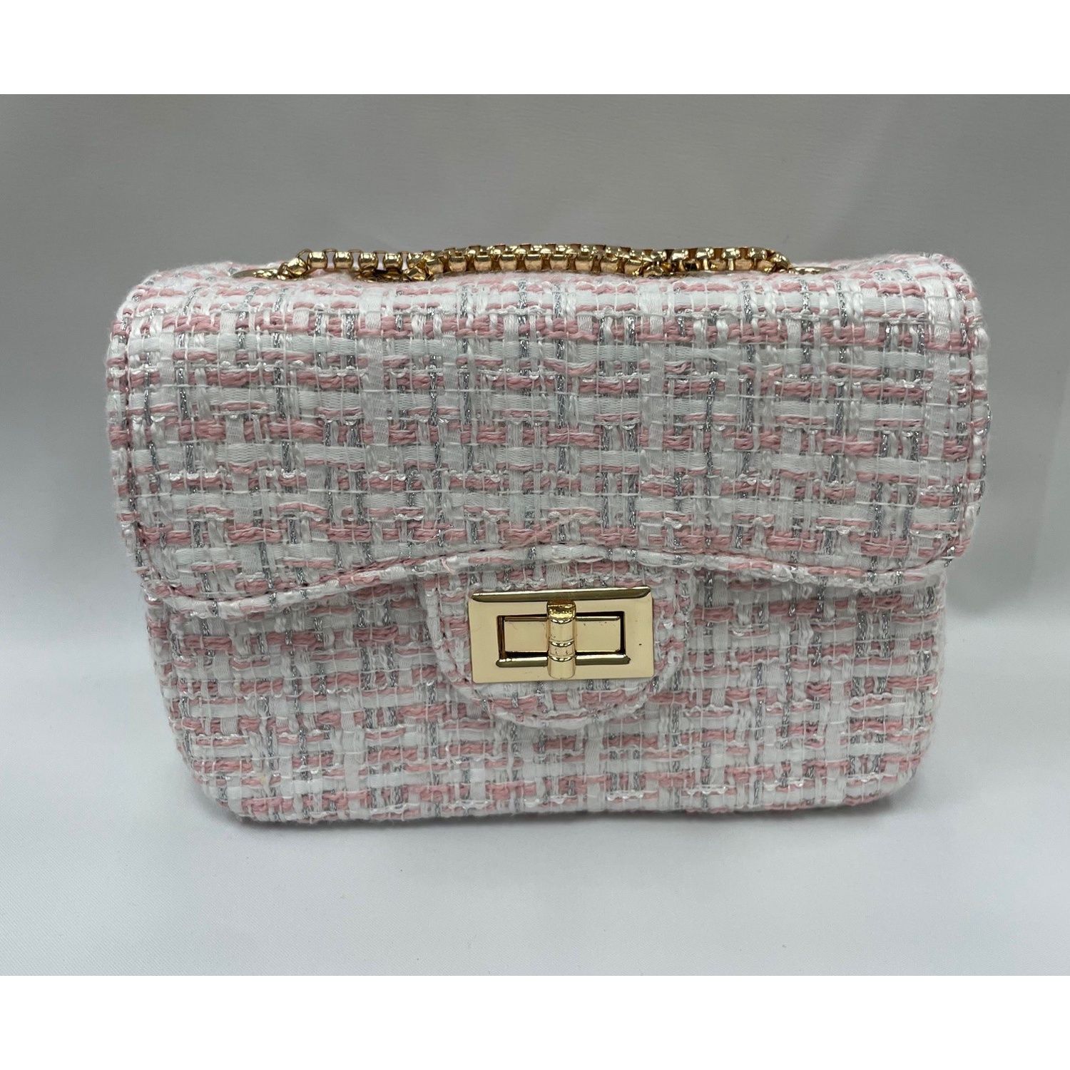PINK SILVER TWEED PURSE CROSSBODY POCKET GOLD CHAIN WHT / 28958