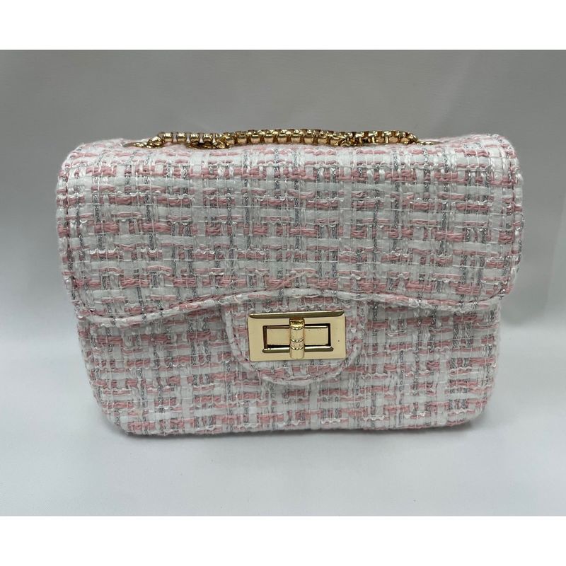 PINK SILVER TWEED PURSE CROSSBODY POCKET GOLD CHAIN WHT / 28958