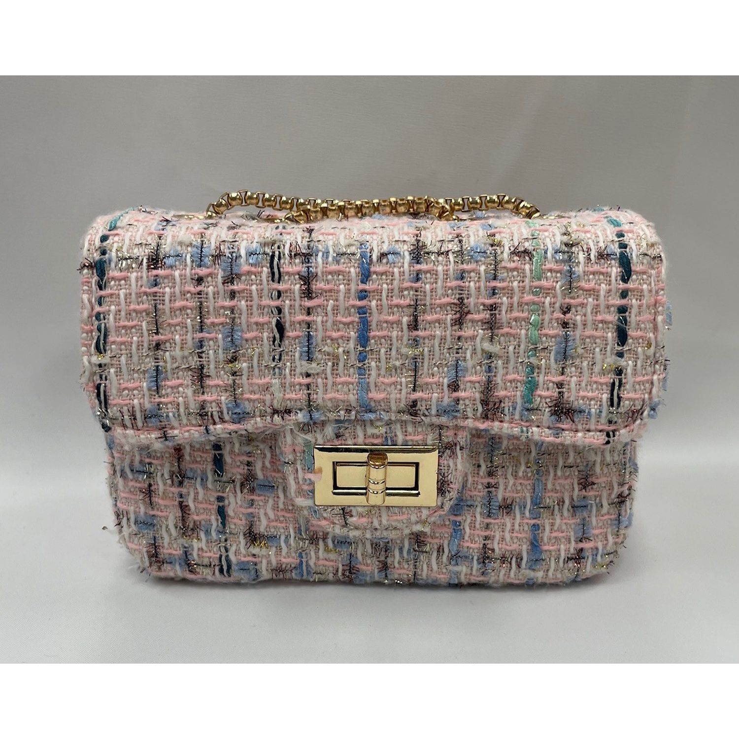 GOLD PINK TWEED PURSE CROSSBODY POCKET GOLD CHAIN / 28958