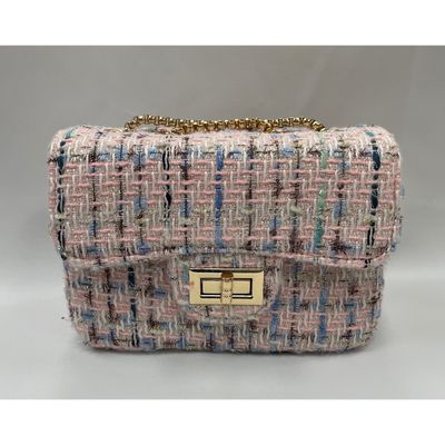 GOLD PINK TWEED PURSE CROSSBODY POCKET GOLD CHAIN / 28958