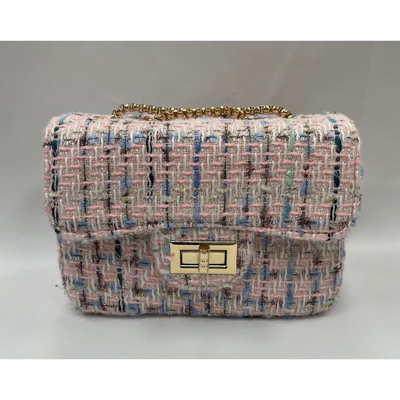 GOLD PINK TWEED PURSE CROSSBODY POCKET GOLD CHAIN / 28958