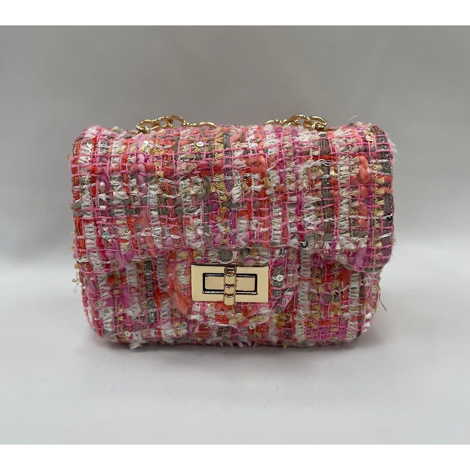 ROSE PINK GOLD TWEED PURSE GOLD CHAIN / 28958