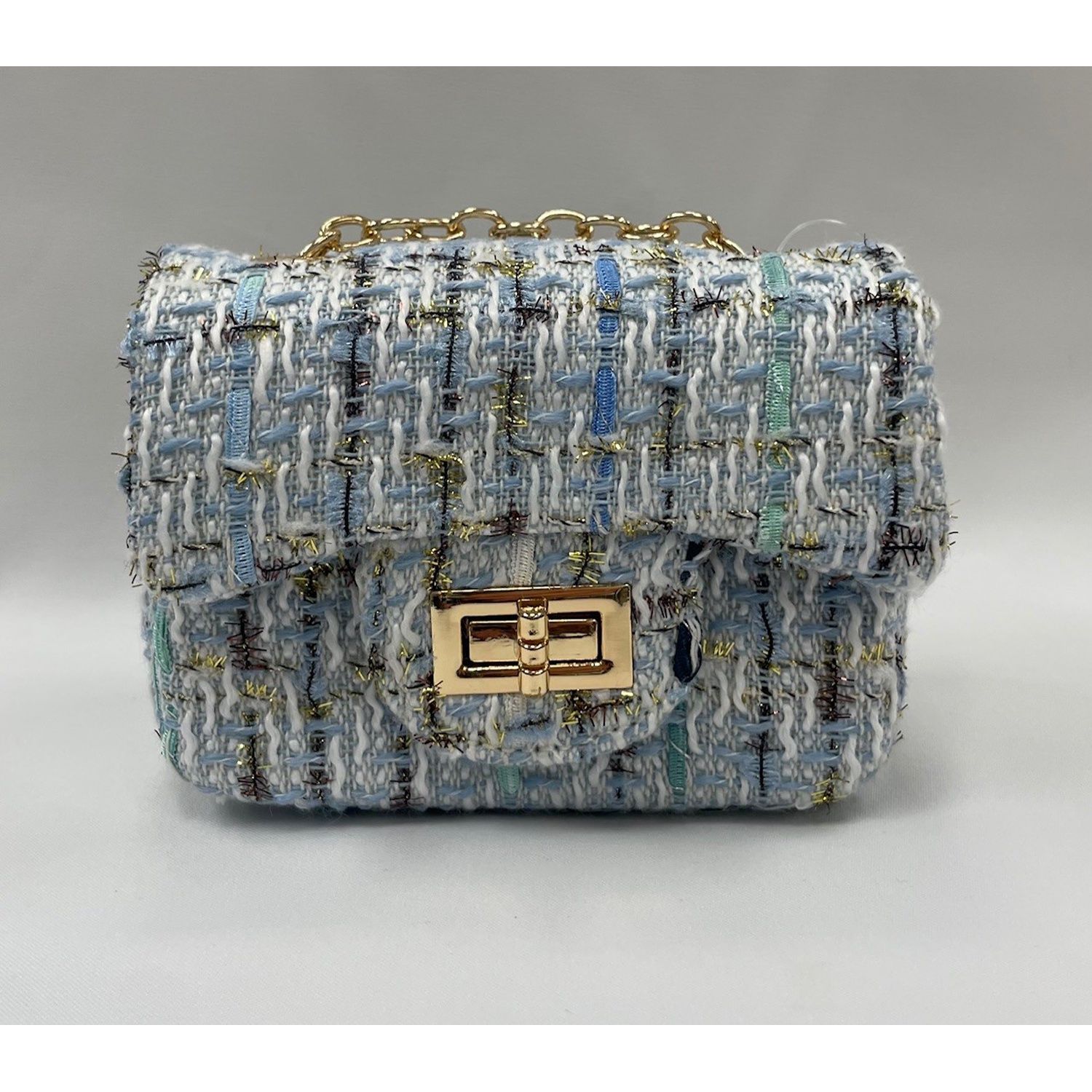 BLUE GOLD CHECK TWEED PURSE GOLD CHAIN / 28958