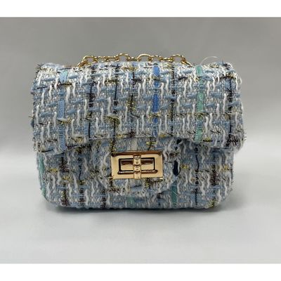 BLUE GOLD CHECK TWEED PURSE GOLD CHAIN / 28958
